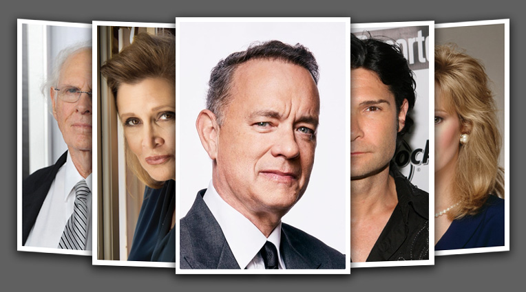 Row of five actor portraits including Bruce Dern, Carrie Fisher, Tom Hanks, Corey Feldman, and Wendy Schaal.