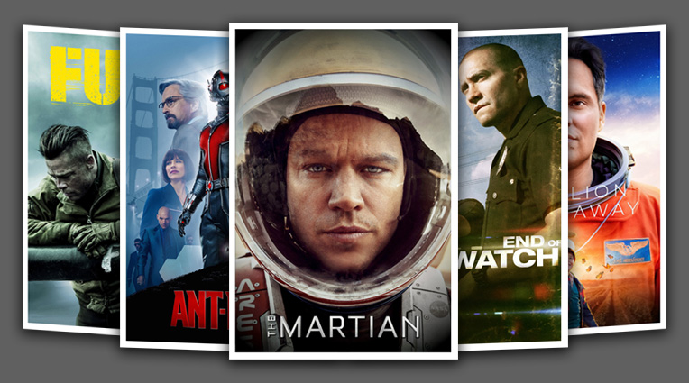 Row of five movie posters including "Fury", "Ant-Man", "The Martian", "End of Watch", and "A Million Miles Away".
